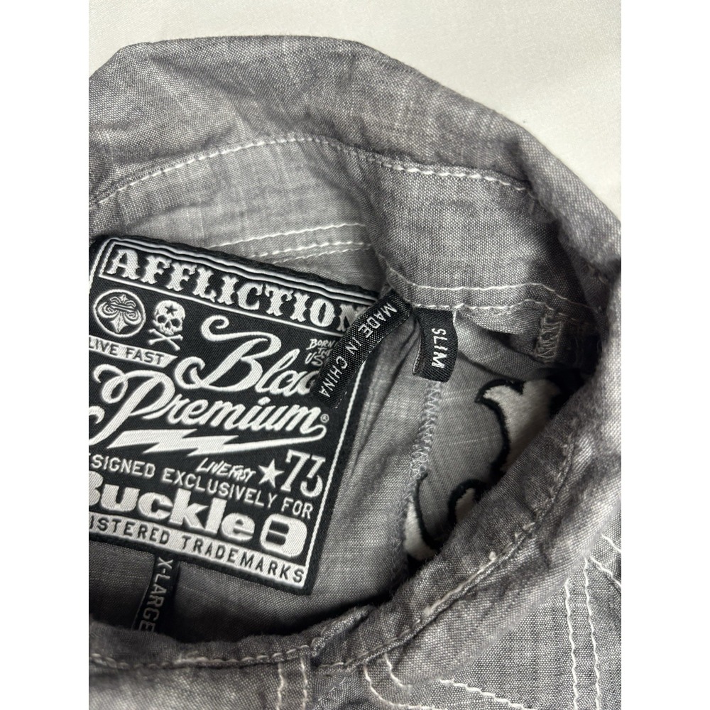 Affliction Shirt Mens XL Slim Gray Buckle Black Premium Embroidered Button Up - Picture 5 of 8